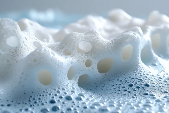 Foamy bubbles covering a light blue textured surface in close-up.