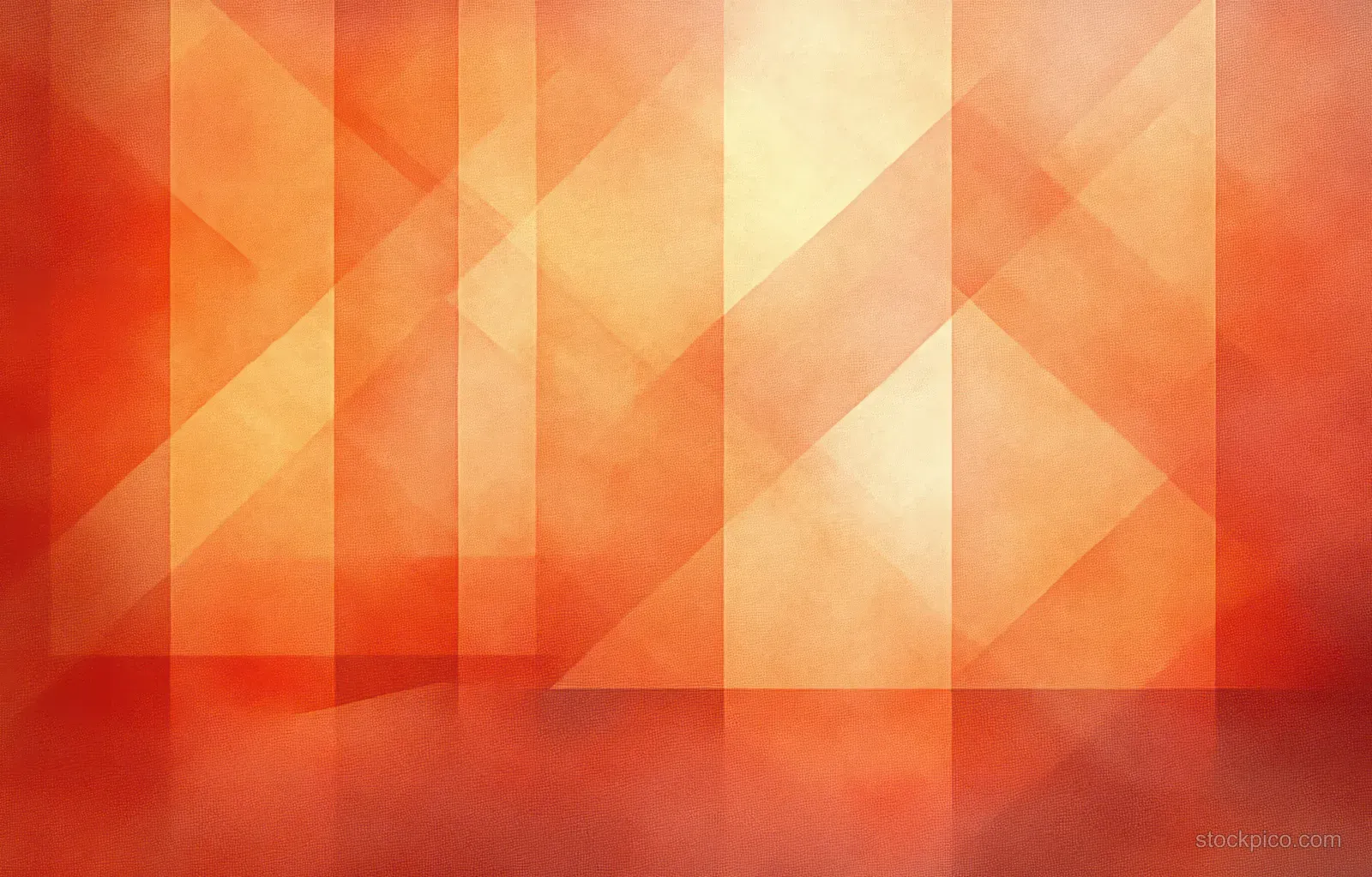 Layered diagonal geometric squares and triangles in warm orange and cream tones fill the abstract background.