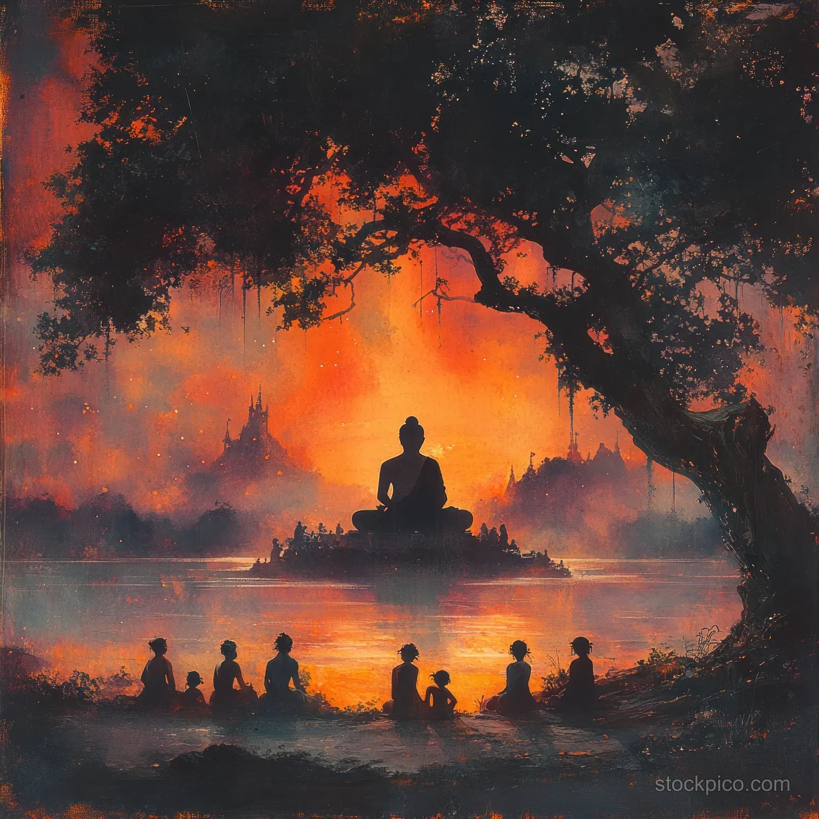 Silhouetted Buddha sits meditating with children gathered near the shore under a dark tree during a warm sunset haze.