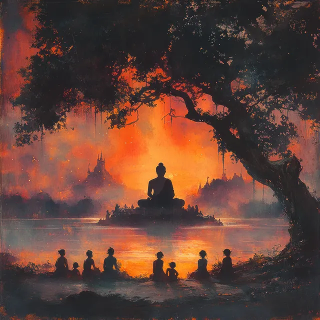 Silhouette Buddha and children meditating at sunset under a sacred tree