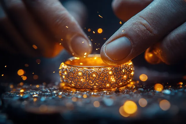 A jeweler’s hands solder a gold ring on a bench while bright sparks scatter in warm light.