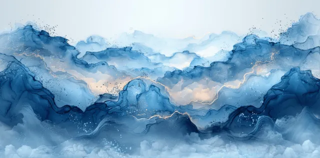 Abstract watercolor ocean background with layered wavy swirls and cloudlike mist in turquoise and sky blue.