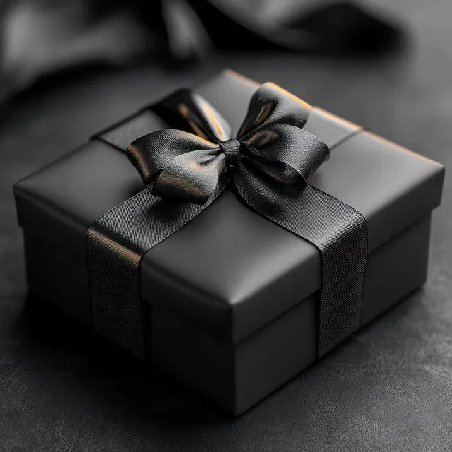 Black minimalist gift box with glossy ribbon bow on a dark tabletop.
