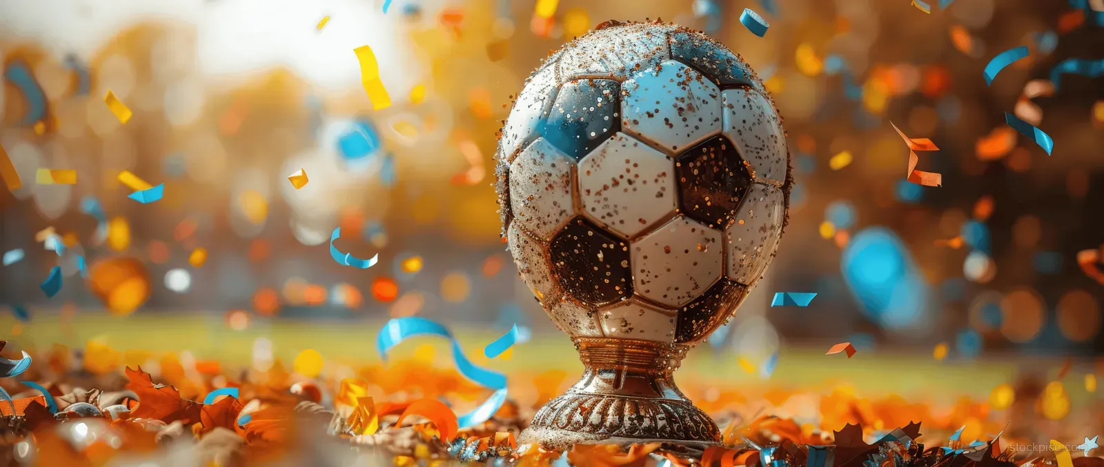 Gold soccer trophy ball on a pedestal with colorful confetti exploding in the background.