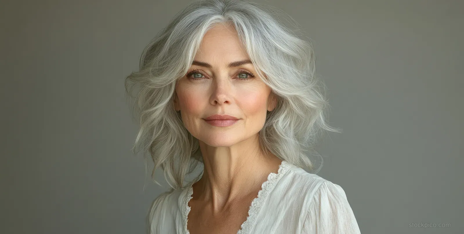 Elegant older Korean woman with gray hair and a warm smile, dressed in minimal fashion against a neutral background.