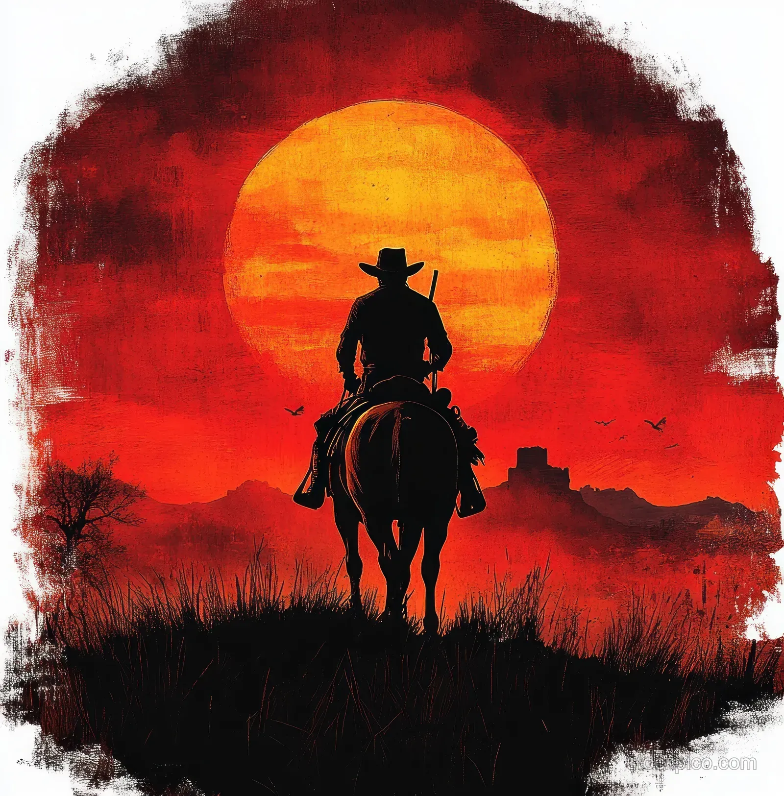 Silhouette of a cowboy on horseback riding toward an orange sunset over a desert landscape with birds flying.