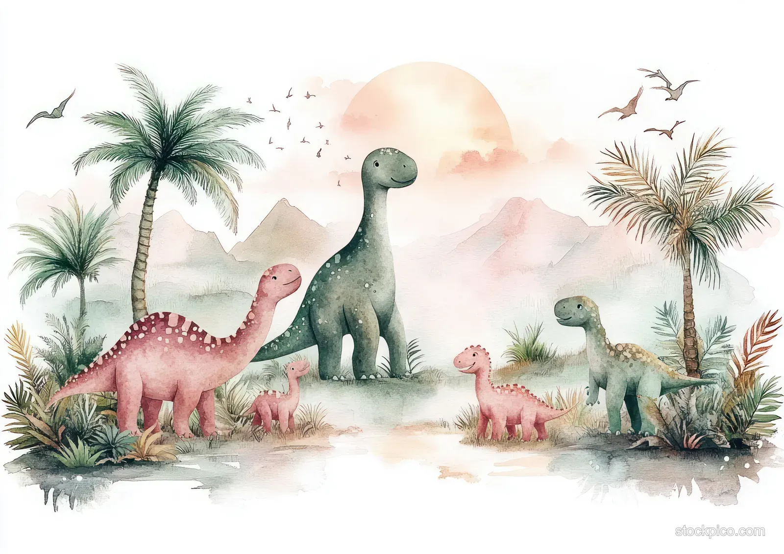 Cute watercolor cartoon dinosaurs play in a misty prehistoric landscape with palm trees and soft pastel greenery.