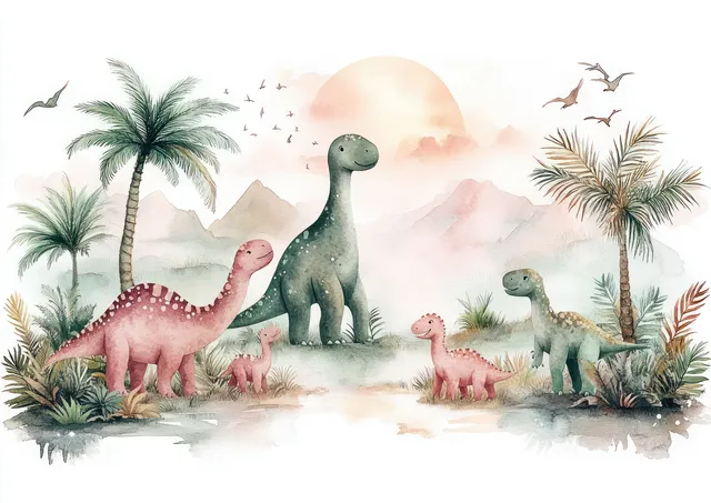 Watercolor cartoon dinosaurs playing in a misty prehistoric jungle with palm leaves