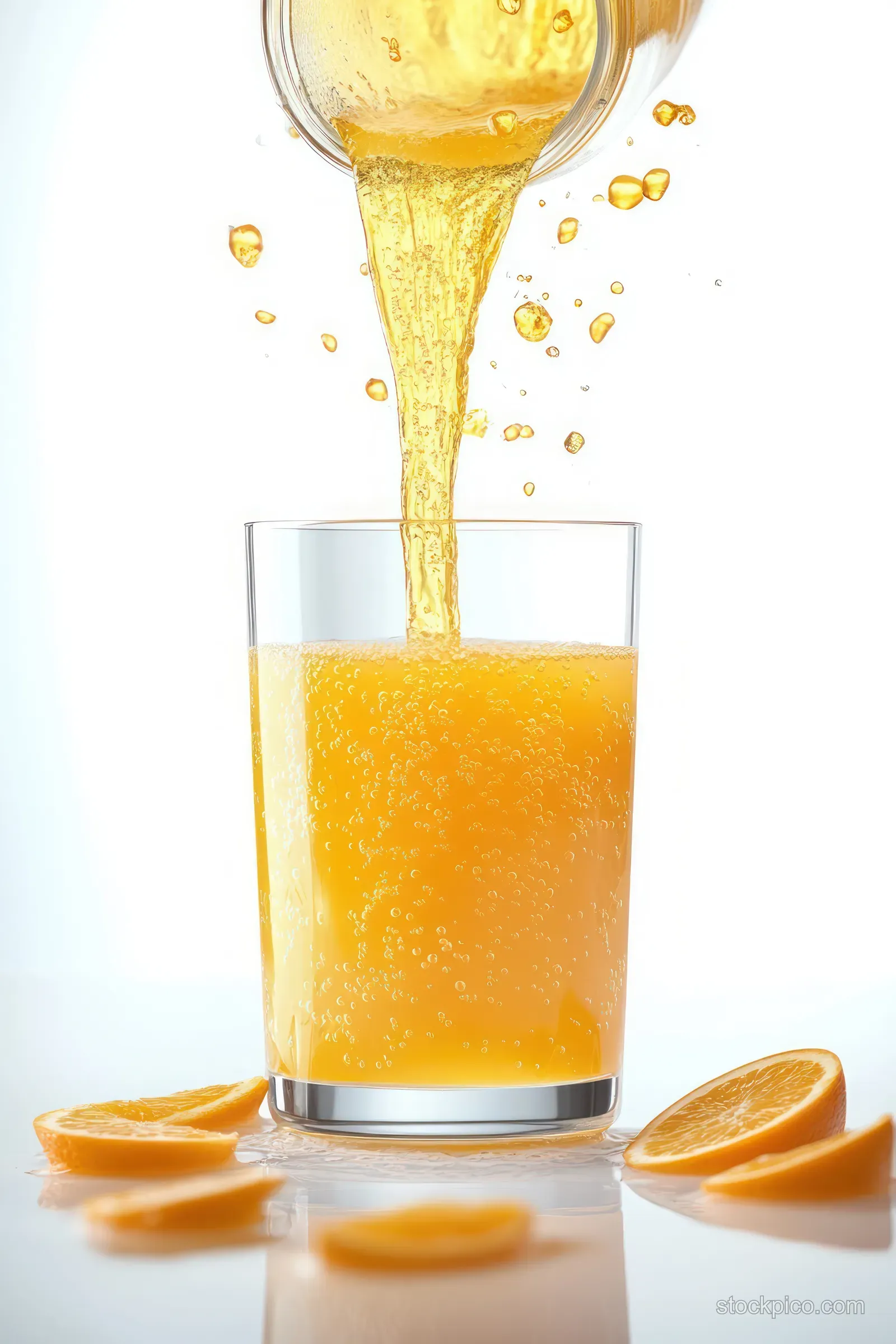 Vibrant orange juice pours into a clear glass with splashes and citrus slices on a white background.