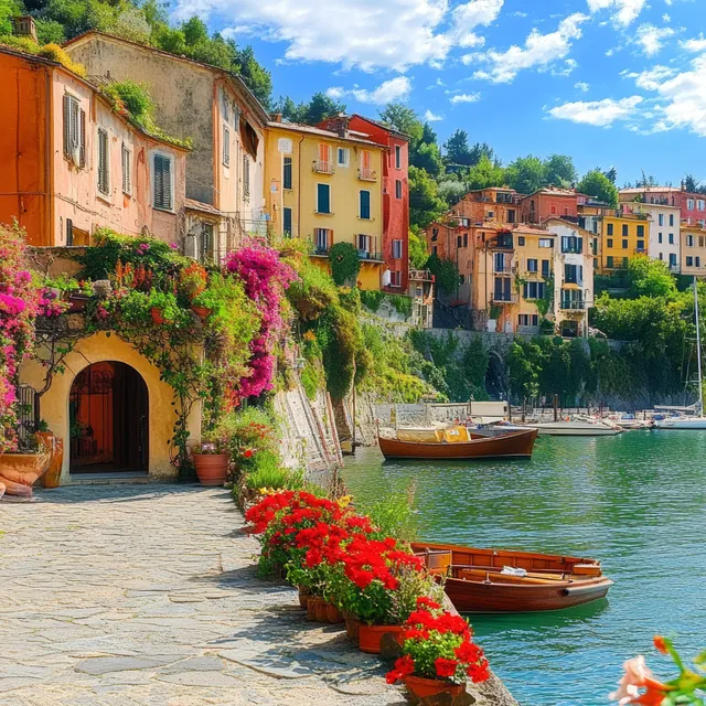 Sunlit stone walkway with colorful Italian houses, flower boxes, and a wooden boat moored along green canal water.