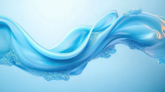 A twisting ribbon of blue liquid with scattered bubbles flows across a soft light blue background.