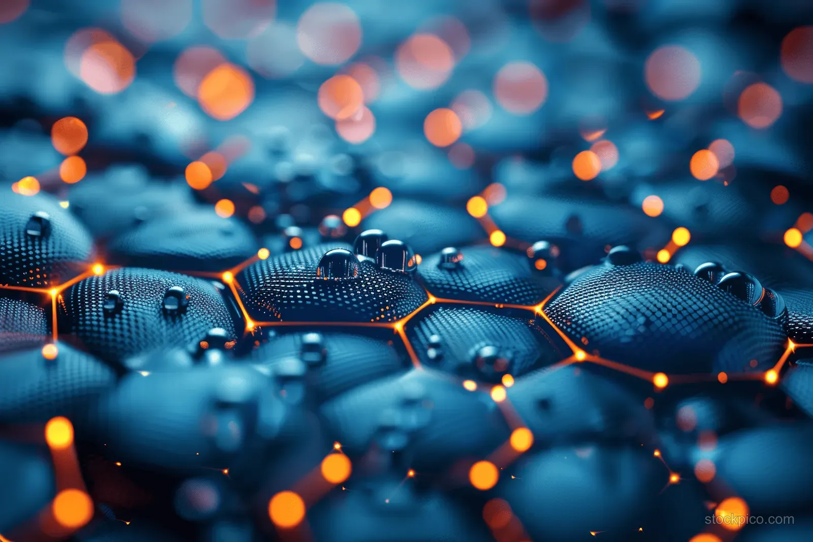 Hexagonal blue surface with glowing orange lines and scattered water droplets.