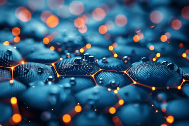 Glowing hexagonal tech surface with water droplets and orange lines with Futuristic Technology