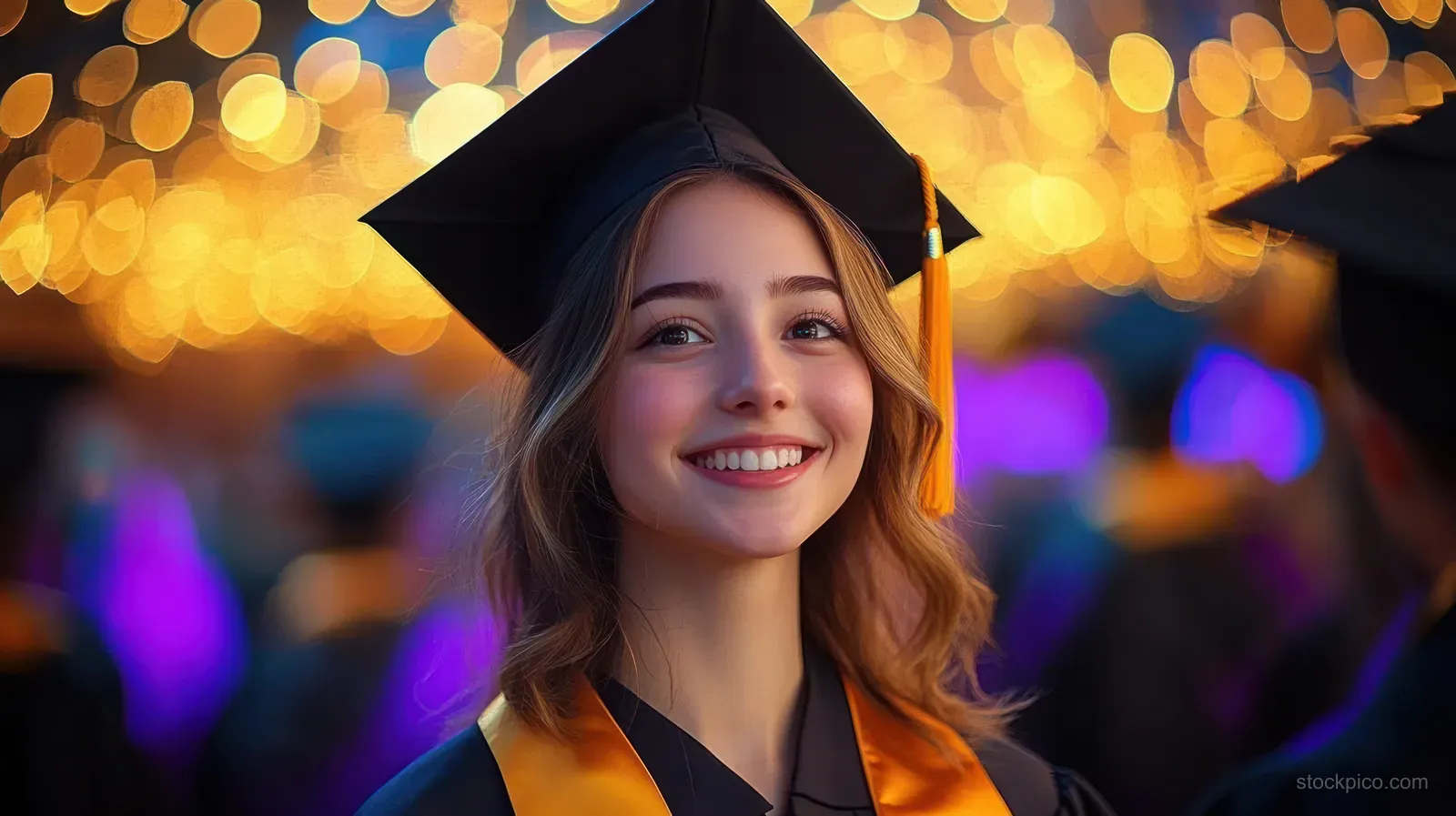 Smiling young woman wearing a graduation cap and gown with a golden stole against warm festive bokeh lights.