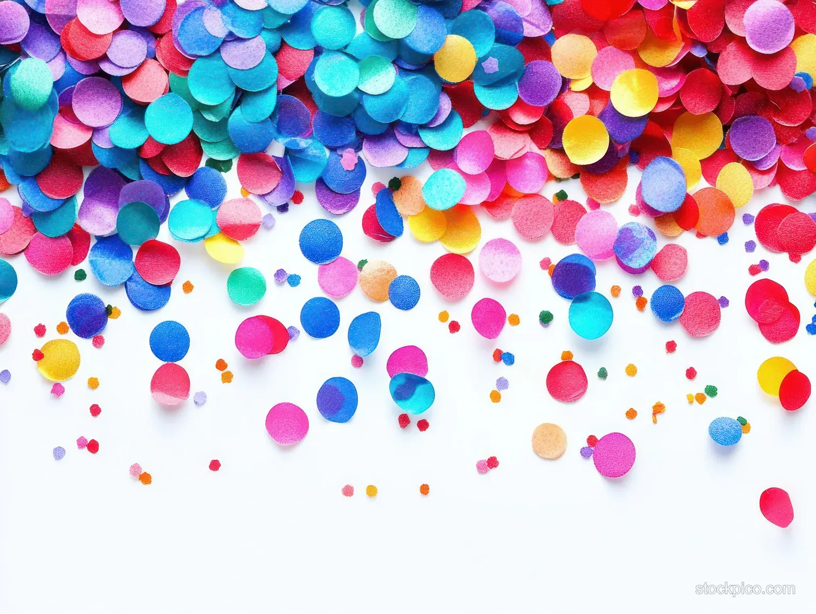 Colorful confetti circles scattered on a white background with blank space in the center.