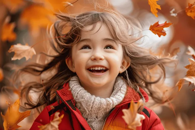 Laughing Asian girl in red jacket playing with autumn leaves