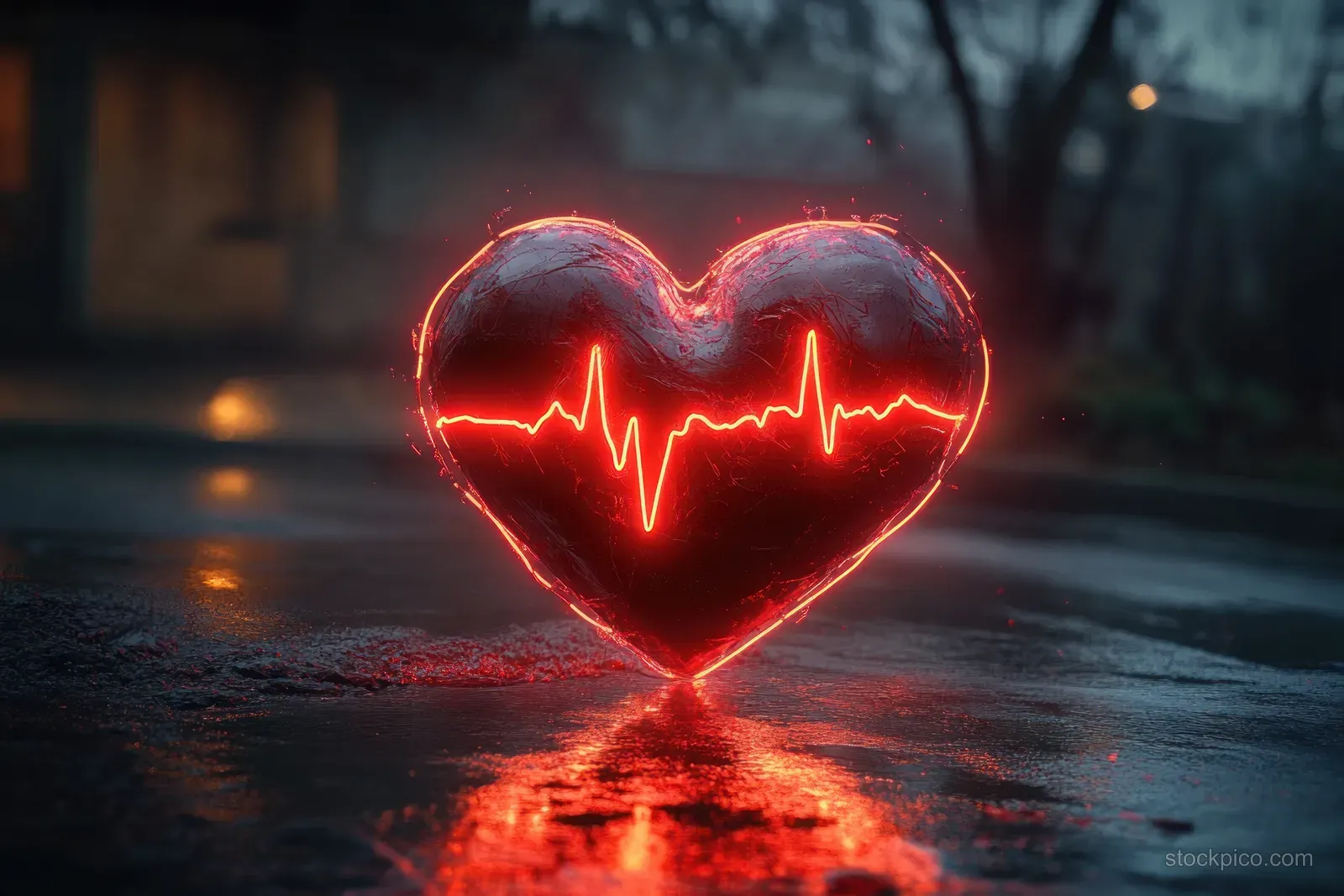 A glowing red heart with an ECG waveform reflected on wet pavement at dusk.