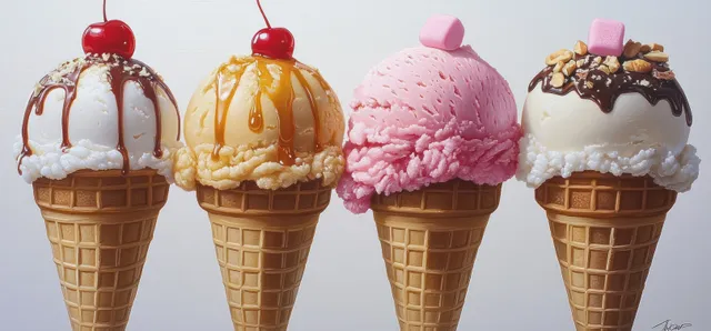 Four ice cream cones on a white background with caramel drizzles, chocolate topping, cherry accents, and a pink scoop.