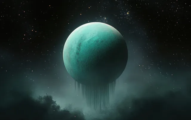 A turquoise planet floats above dark mist under a starry sky with subtle cosmic dust trails.