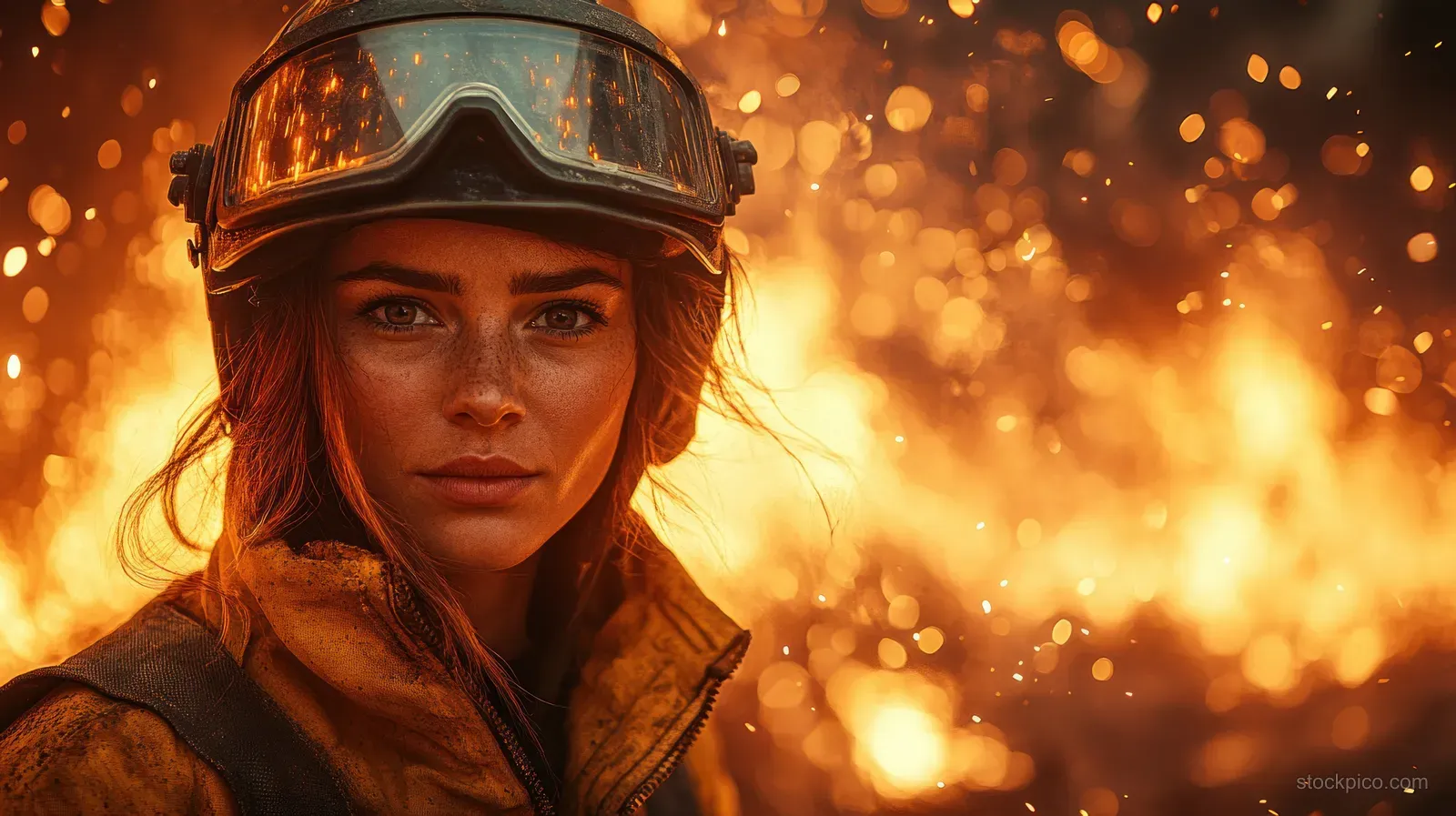 A female steel mill worker in protective helmet watches a molten iron pour surrounded by bright sparks.