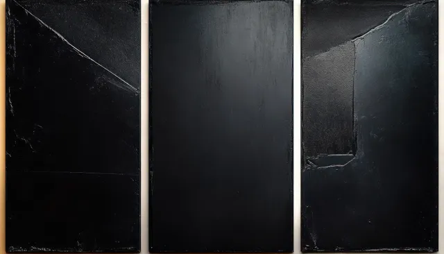 Three textured black panels with white dividers, distressed vintage surface backdrop