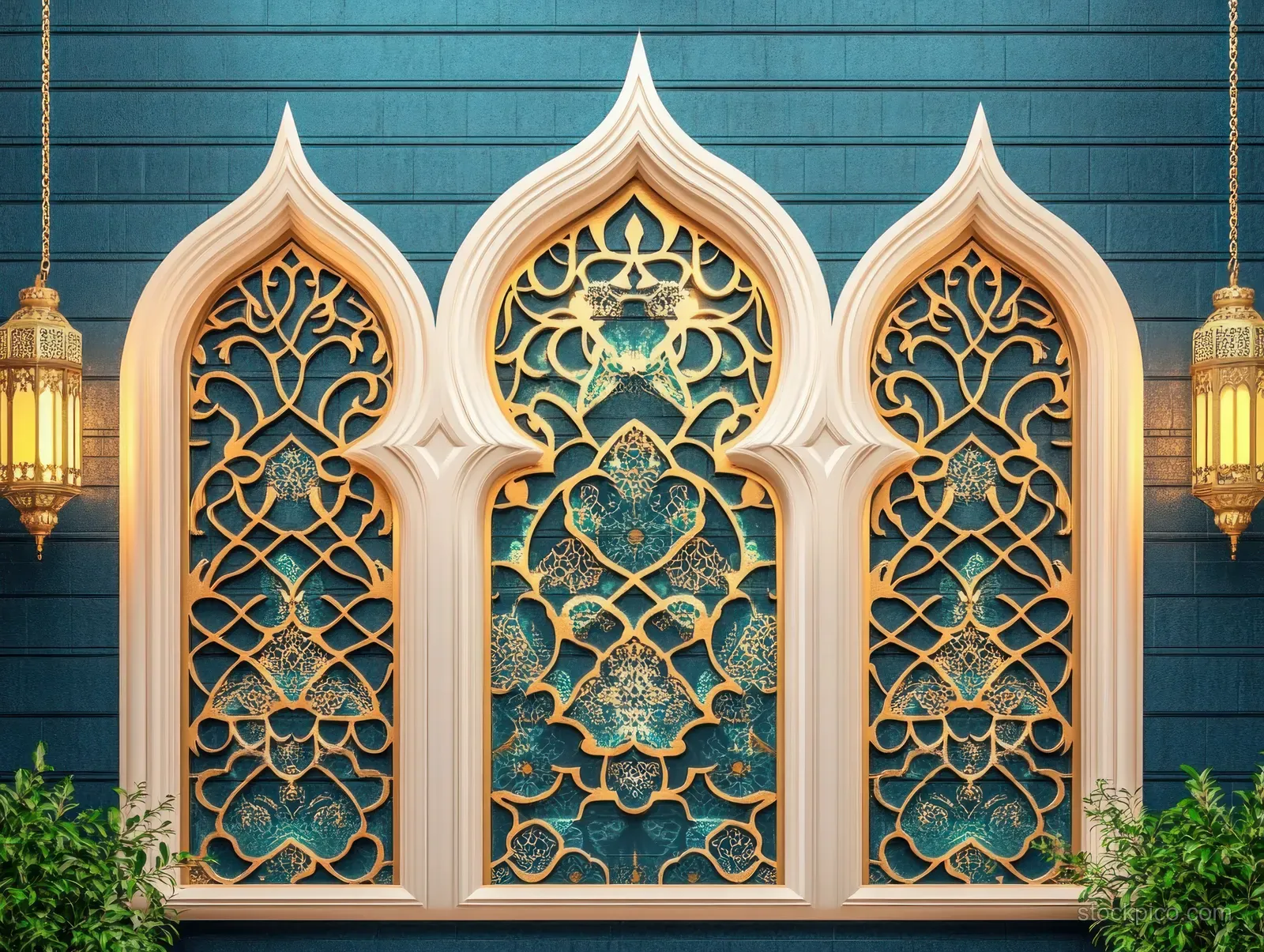 Illuminated mosque gate with ornate arches, green arabesque panels, and warm lanterns hanging on both sides.