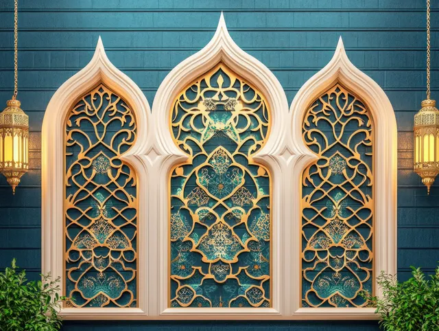 Illuminated mosque gate with ornate arches, green arabesque panels, and warm lanterns hanging on both sides.