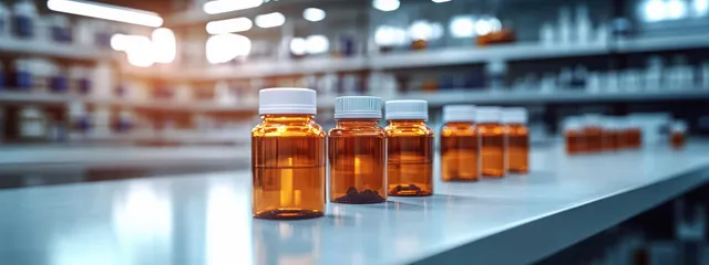 Amber prescription pill bottles with white caps are lined on a pharmacy counter with blurred shelves behind them.