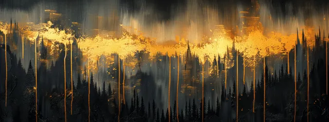 Black forest silhouettes at night with glowing gold mist and vertical light drips