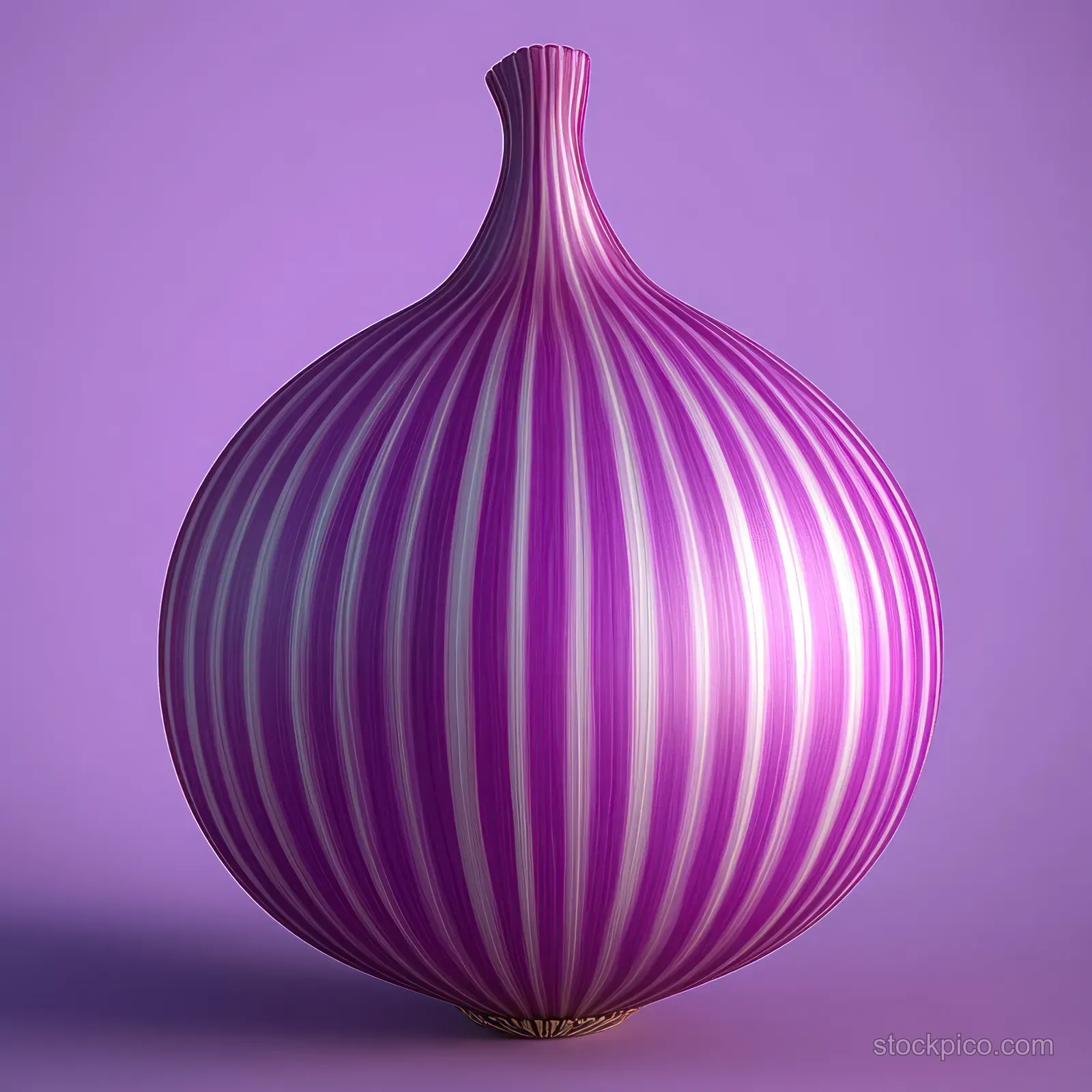 A close-up of a purple and white striped onion bulb on a smooth purple gradient background.