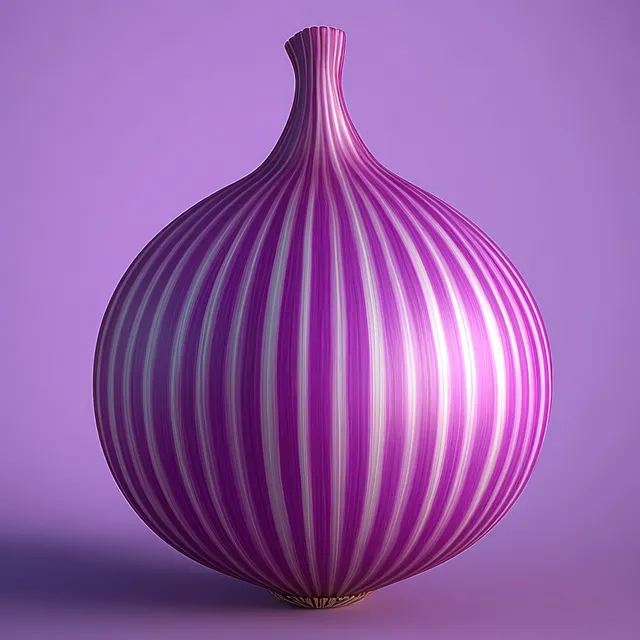A close-up of a purple and white striped onion bulb on a smooth purple gradient background.