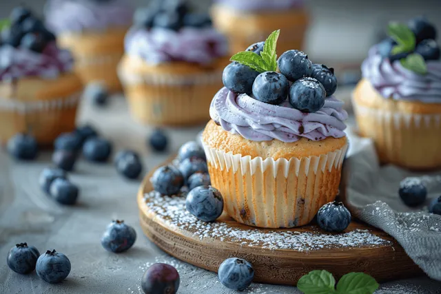 Blueberry muffins on wooden stand with powdered tops and scattered fresh blueberries