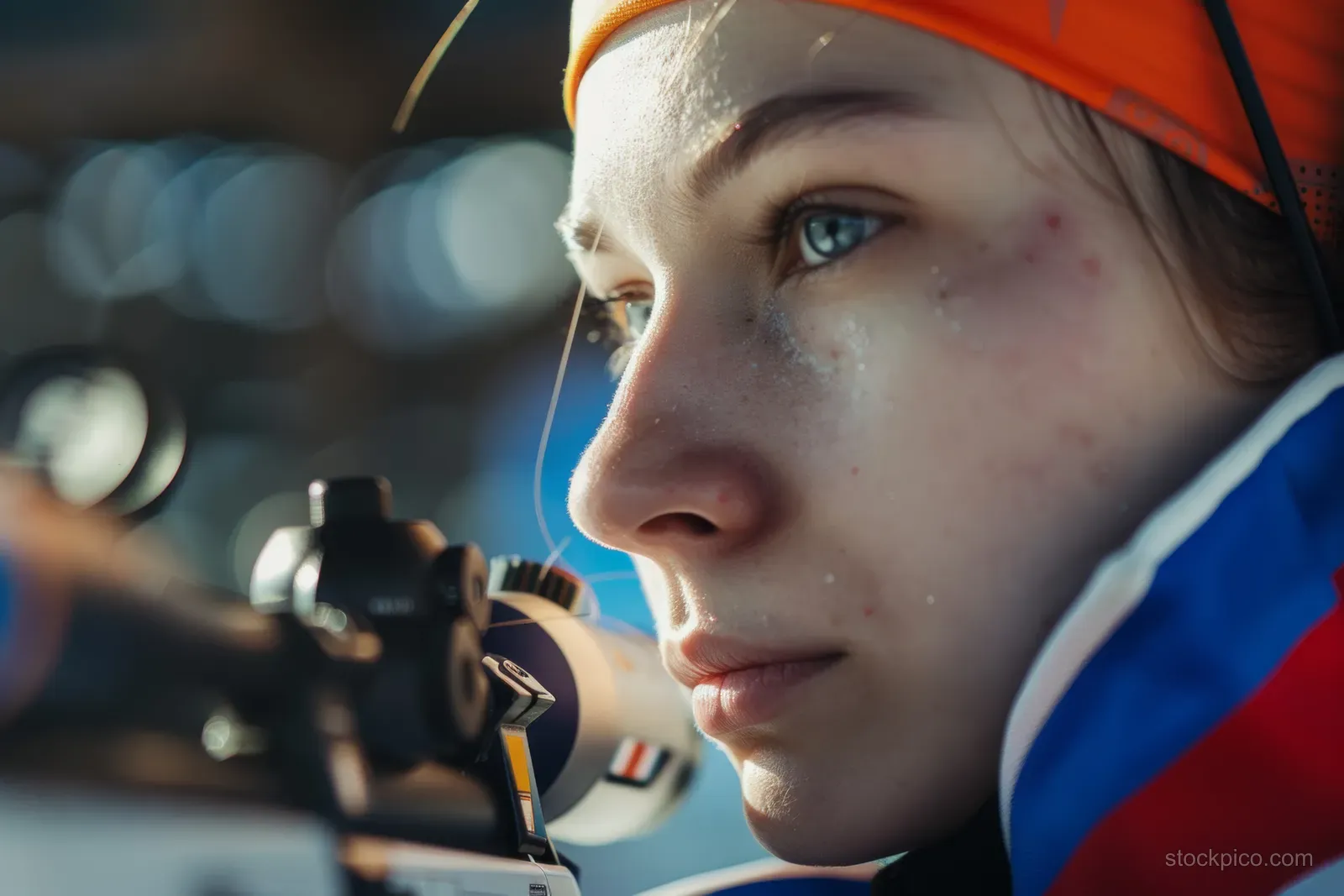 A determined Russian air pistol shooter aims at a 10m target at an indoor range with blurred scoring sights behind.
