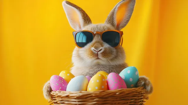 A rabbit in sunglasses holding a basket filled with colorful Easter eggs on a bright yellow background.