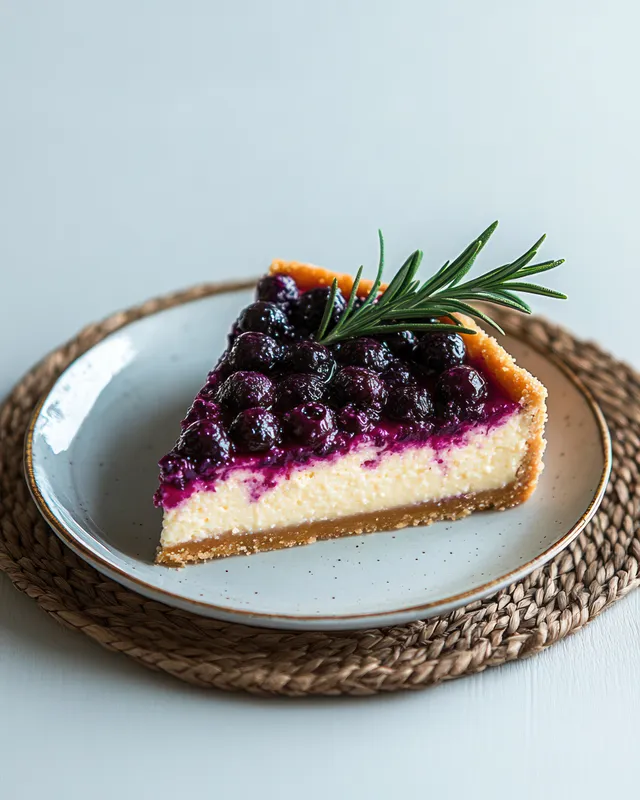 A cheesecake slice with blueberry topping and a rosemary sprig on a white plate atop a woven mat.