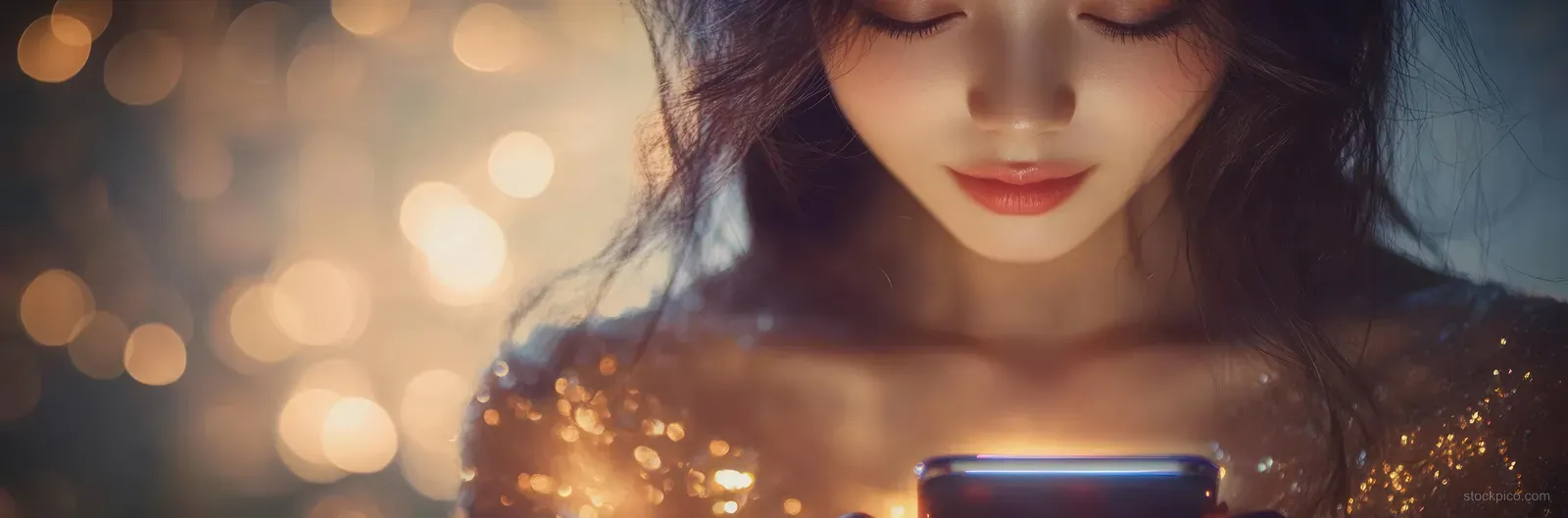 A businesswoman holds a smartphone in a warm, nighttime café with glowing bokeh lights behind her.