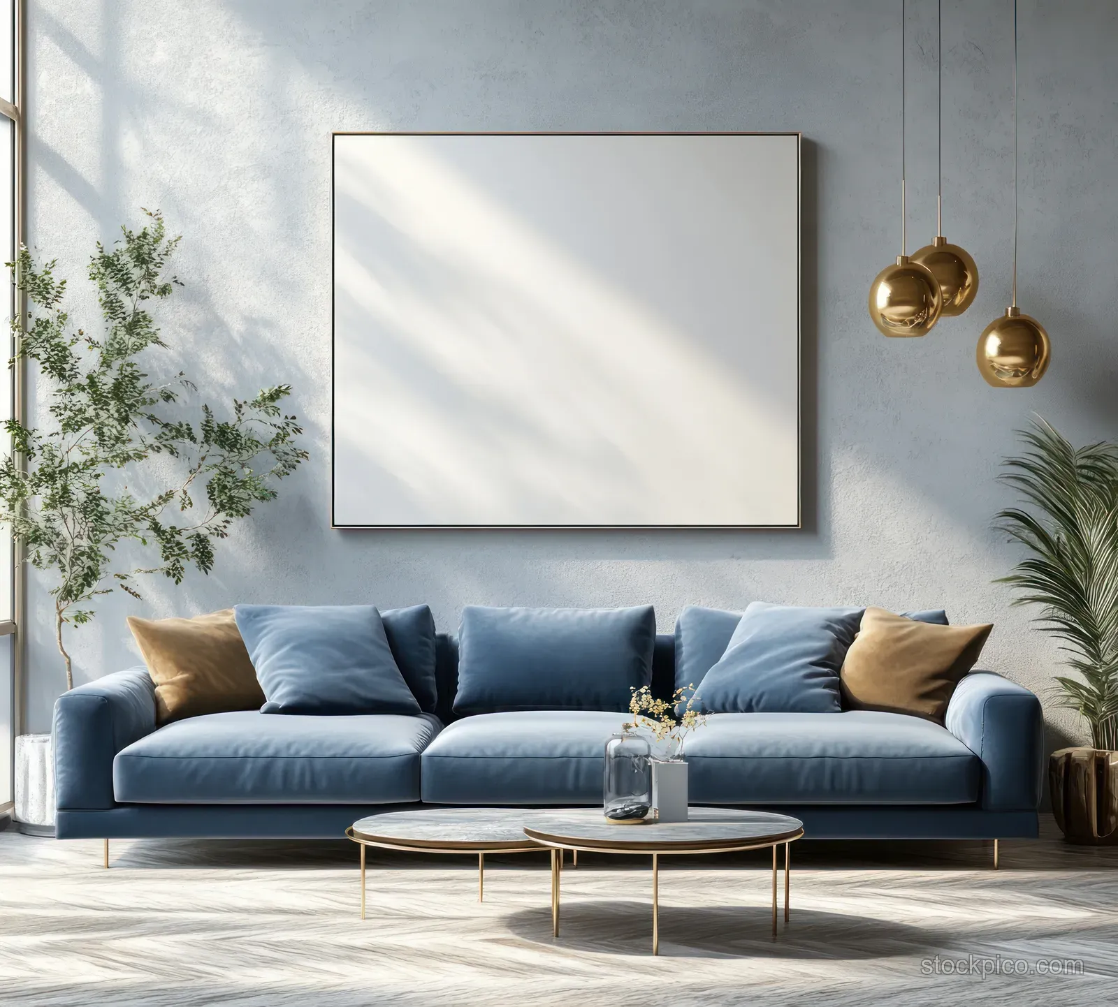 A modern minimalist living room showcases a blue sofa with golden accents and soft natural light for a serene atmosphere.