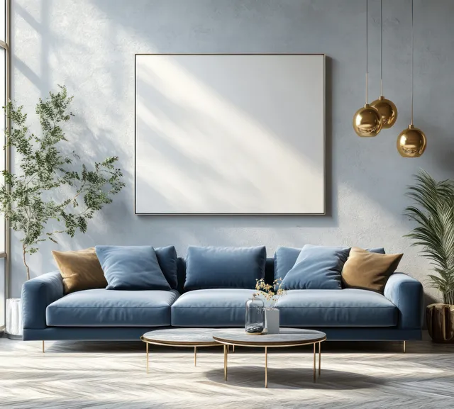 A modern minimalist living room showcases a blue sofa with golden accents and soft natural light for a serene atmosphere.