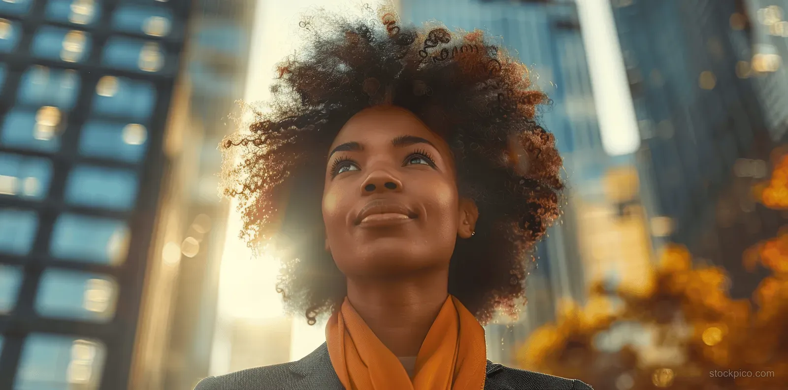 Confident woman with afro hair gazes upward in a sunlit city street with skyscrapers behind.