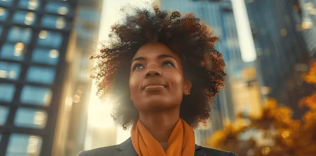 Confident woman with natural afro hairstyle gazes upward as city buildings glow