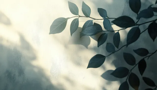 Leaf silhouettes cast soft shadows on a textured wall with diffused sunlight and muted blue-green tones.