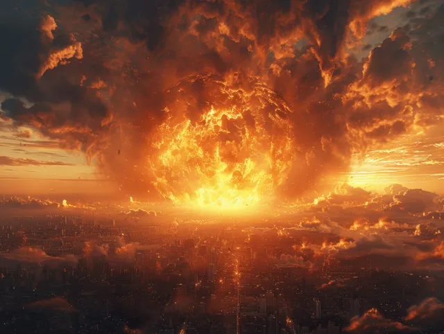 Massive fireball erupts above city skyline under dark smoke clouds