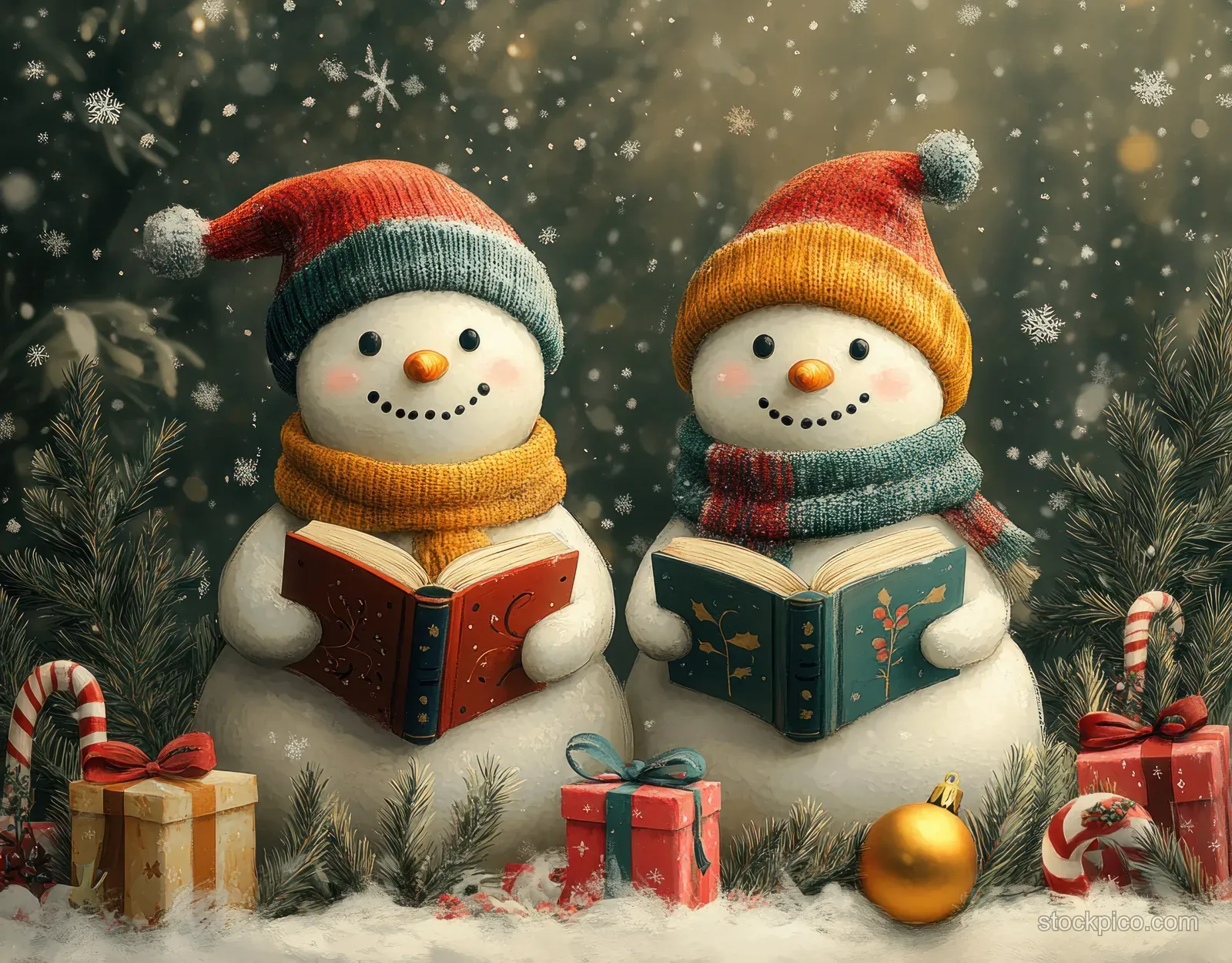 Two snowmen read open books in a snowy evergreen forest with wrapped gifts and ornaments nearby.