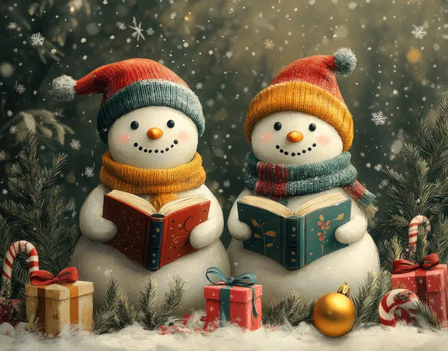 Two snowmen read open books in a snowy evergreen forest with wrapped gifts and ornaments nearby.