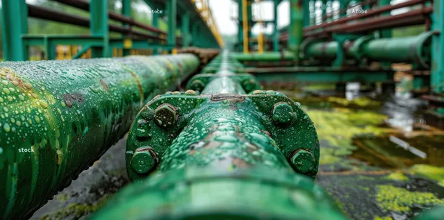 Green hydrogen pipeline with valve fittings inside an industrial gas plant facility.