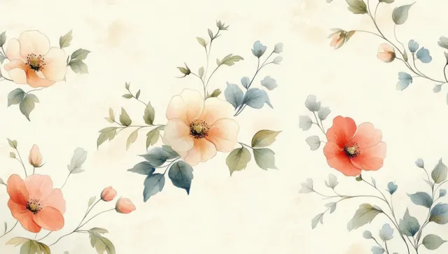 Watercolor flowers in peach and coral tones with blue-gray leaves on a light beige background.