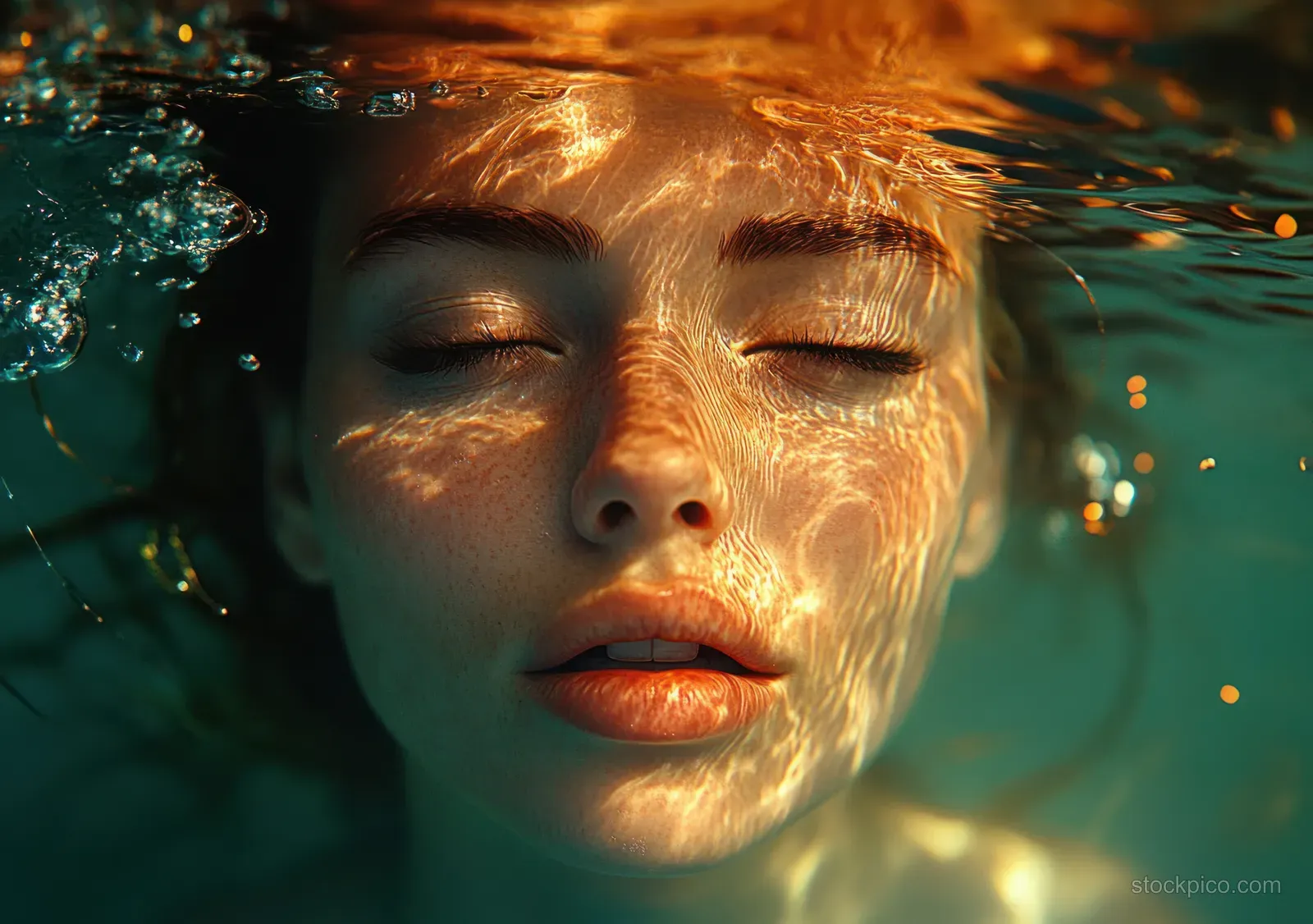 Young woman with closed eyes floating at the water surface as golden sunlight shimmers on her face.