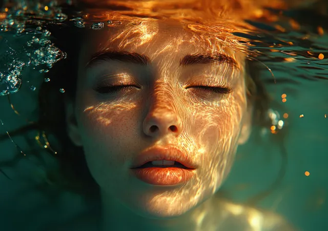 Young woman with closed eyes floating at the water surface as golden sunlight shimmers on her face.
