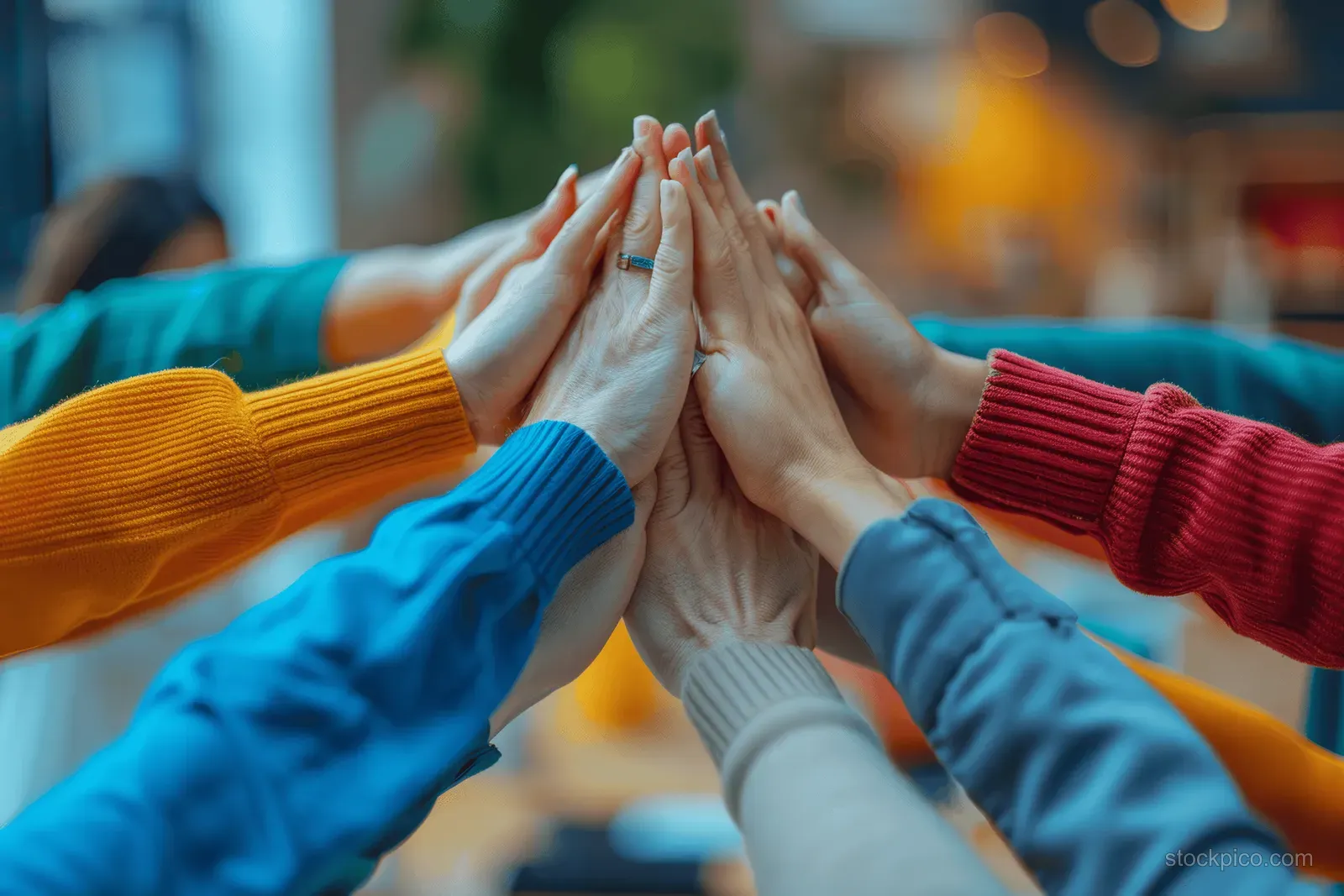 Diverse coworkers stack their hands together in an office.
