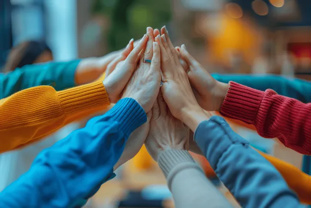 Diverse coworkers stack their hands together in an office.
